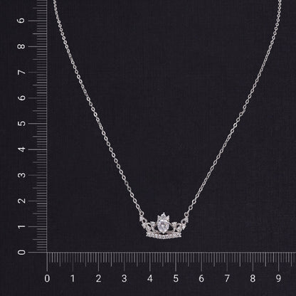 Nisa Premium Silver-Polish Crown of Queen Design With Diamond Studded Delicate Chain-Pendant For Women and Girls