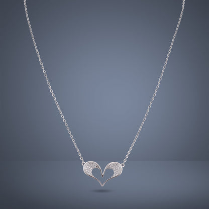 Nisa Premium Silver-Polish 3D-Heart Design With Diamond Studded Delicate Chain-Pendant For Women and Girls