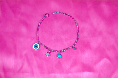 Nisa Premium Silver Polish Evil-Eye Design With Blue Bead Studded Bracelet For Women and Girls