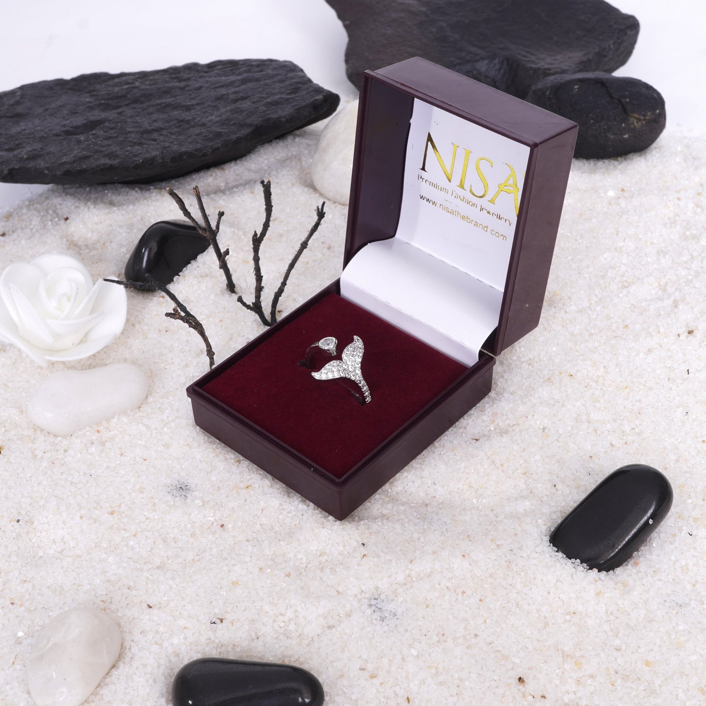 Nisa Premium Silver-Polish Delicate Fish-Tail Design With Diamonds Studded Fingering For Women and Girls