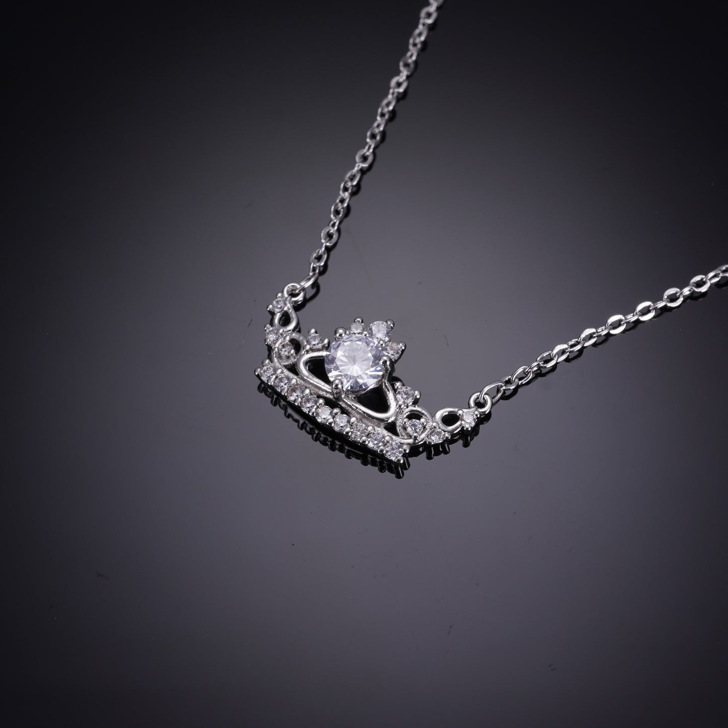 Nisa Premium Silver-Polish Crown of Queen Design With Diamond Studded Delicate Chain-Pendant For Women and Girls