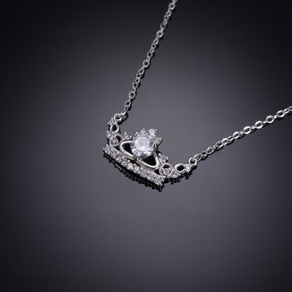 Nisa Premium Silver-Polish Crown of Queen Design With Diamond Studded Delicate Chain-Pendant For Women and Girls