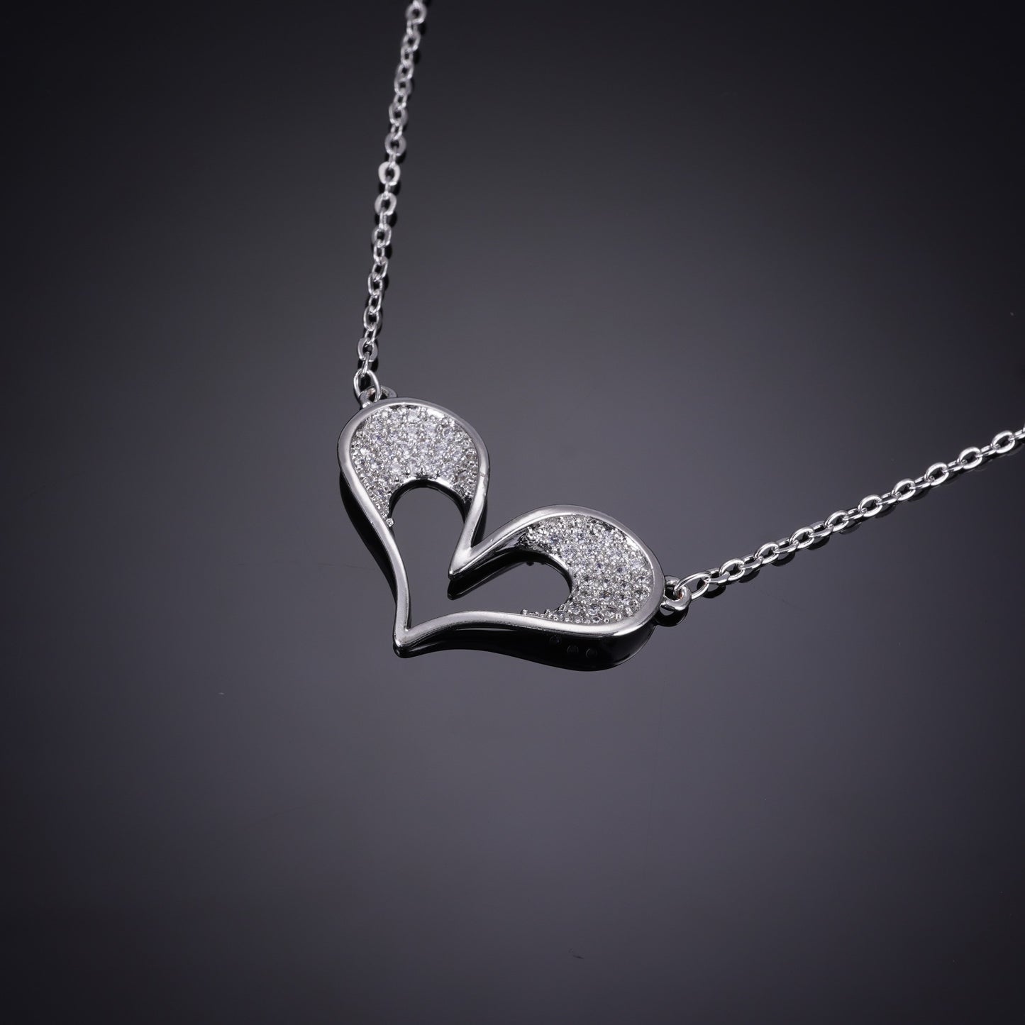 Nisa Premium Silver-Polish 3D-Heart Design With Diamond Studded Delicate Chain-Pendant For Women and Girls