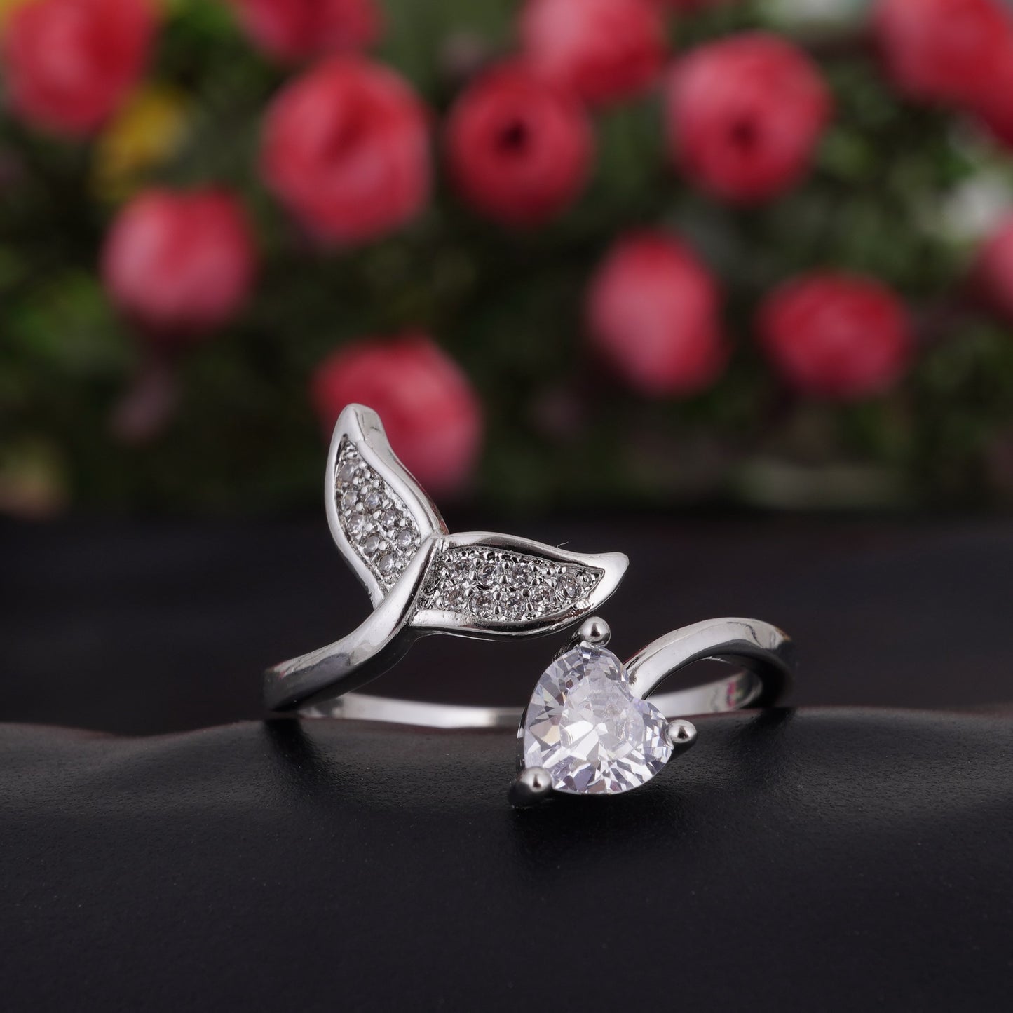 Nisa Premium Silver-Polish Fish-Tail Design With Diamond Of Heart Shape Studded Fingering For Women and Girls