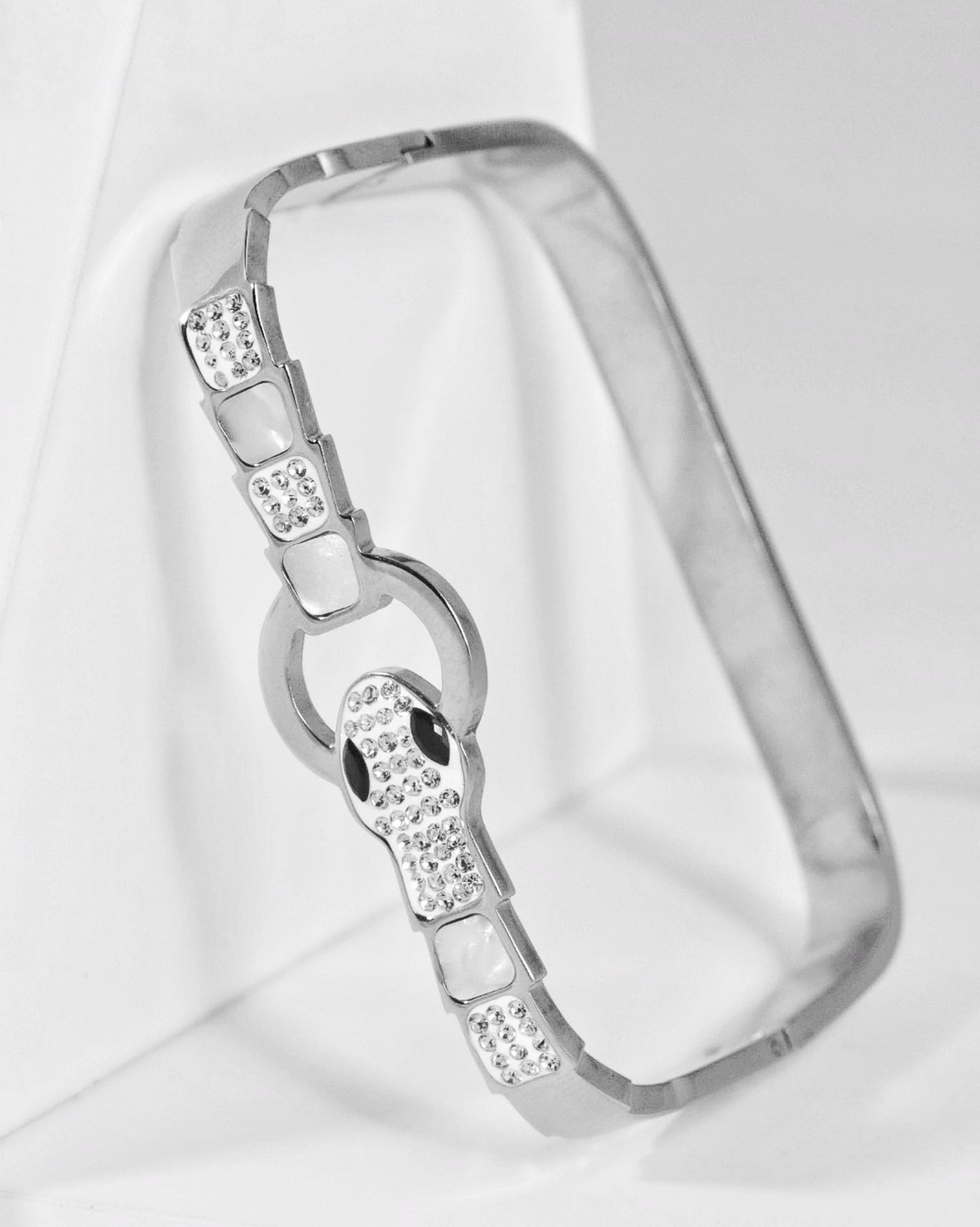 Nisa Premium Silver-Polish Snake Design With Diamond And White Pearl Studded Bracelet For Women and Girls