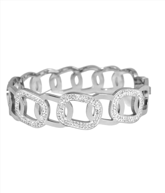 Nisa Premium Silver Polish Overlaping Chain Design With Diamond Studded Bracelet For Women and Girls