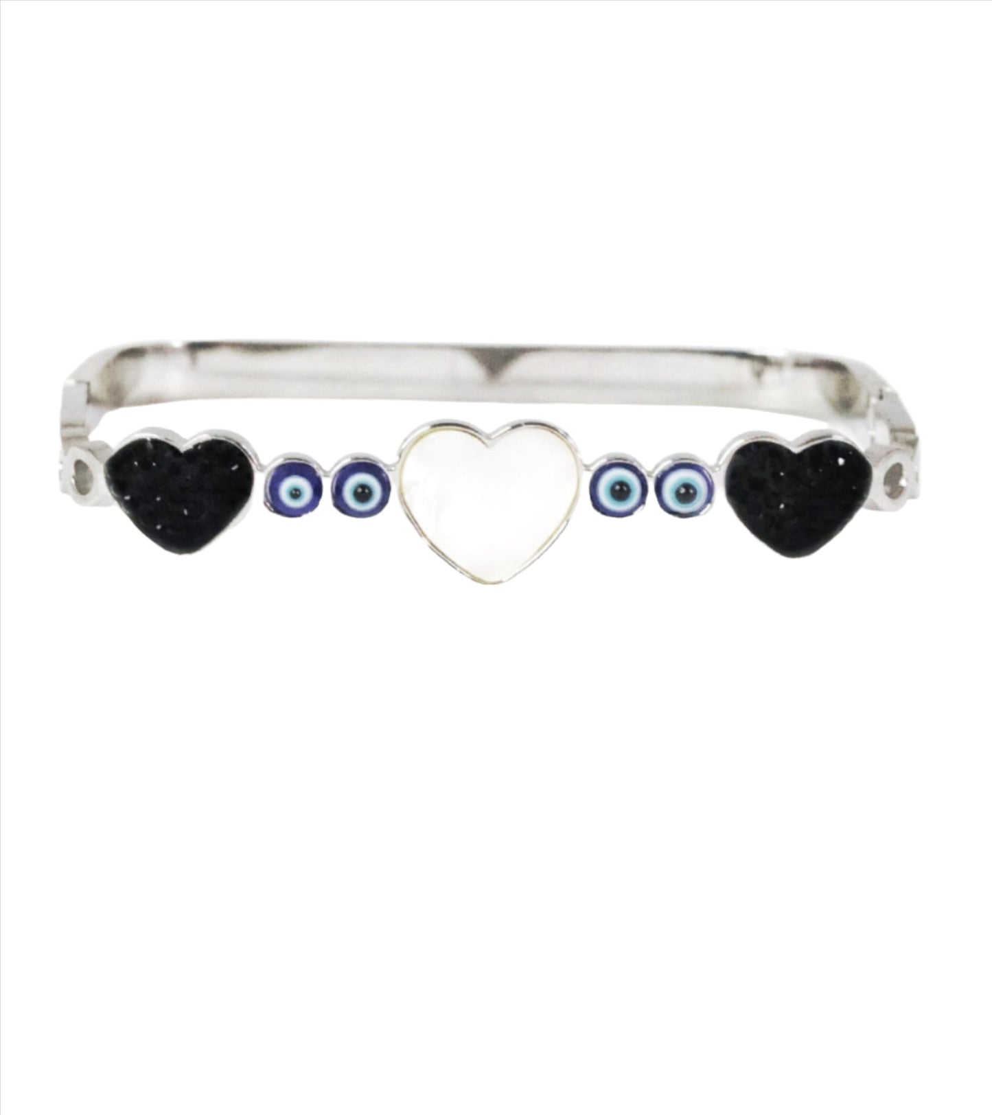 Nisa Premium Silver-Polish Evil-Eyes With Heart Design With Diamond And Pearl Studded Bracelet For Women and Girls