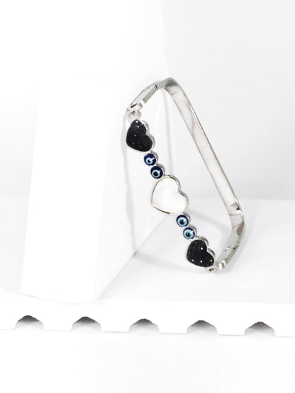 Nisa Premium Silver-Polish Evil-Eyes With Heart Design With Diamond And Pearl Studded Bracelet For Women and Girls