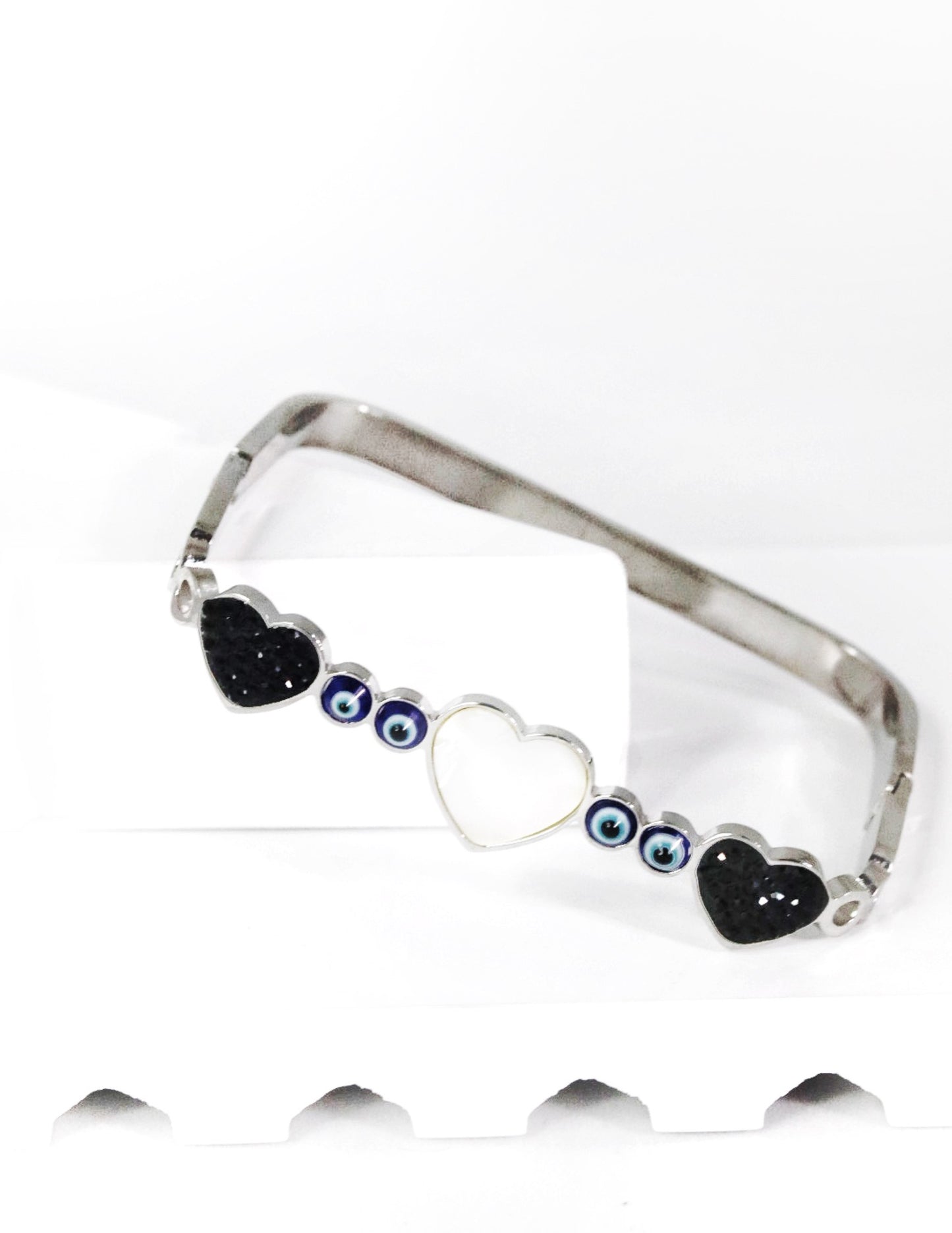 Nisa Premium Silver-Polish Evil-Eyes With Heart Design With Diamond And Pearl Studded Bracelet For Women and Girls