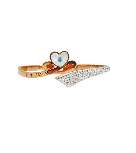 Nisa Premium Rose-Gold Polish Heart Design With Daimond And Heart Shape Pearl Studded Bracelet For Women and Girls