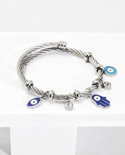 Nisa Premium Silver-Polish Hanging Evil-Eyes Design With Diamond Studded Bracelet For Women and Girls