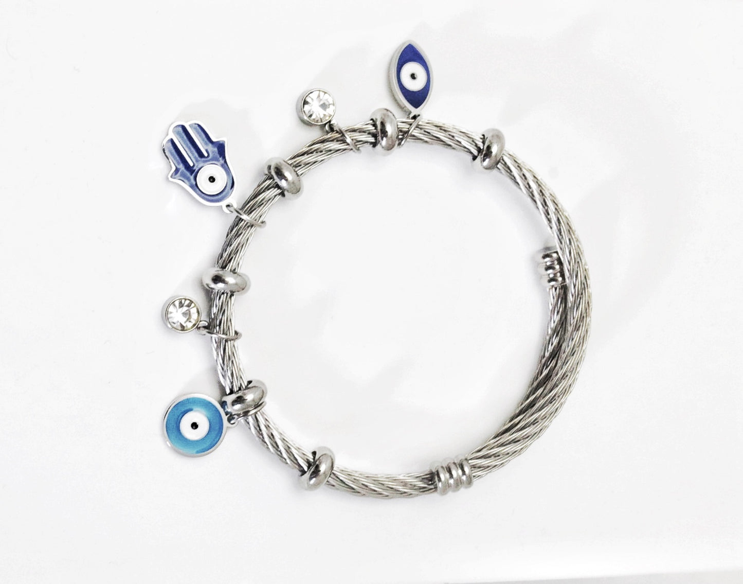 Nisa Premium Silver-Polish Hanging Evil-Eyes Design With Diamond Studded Bracelet For Women and Girls