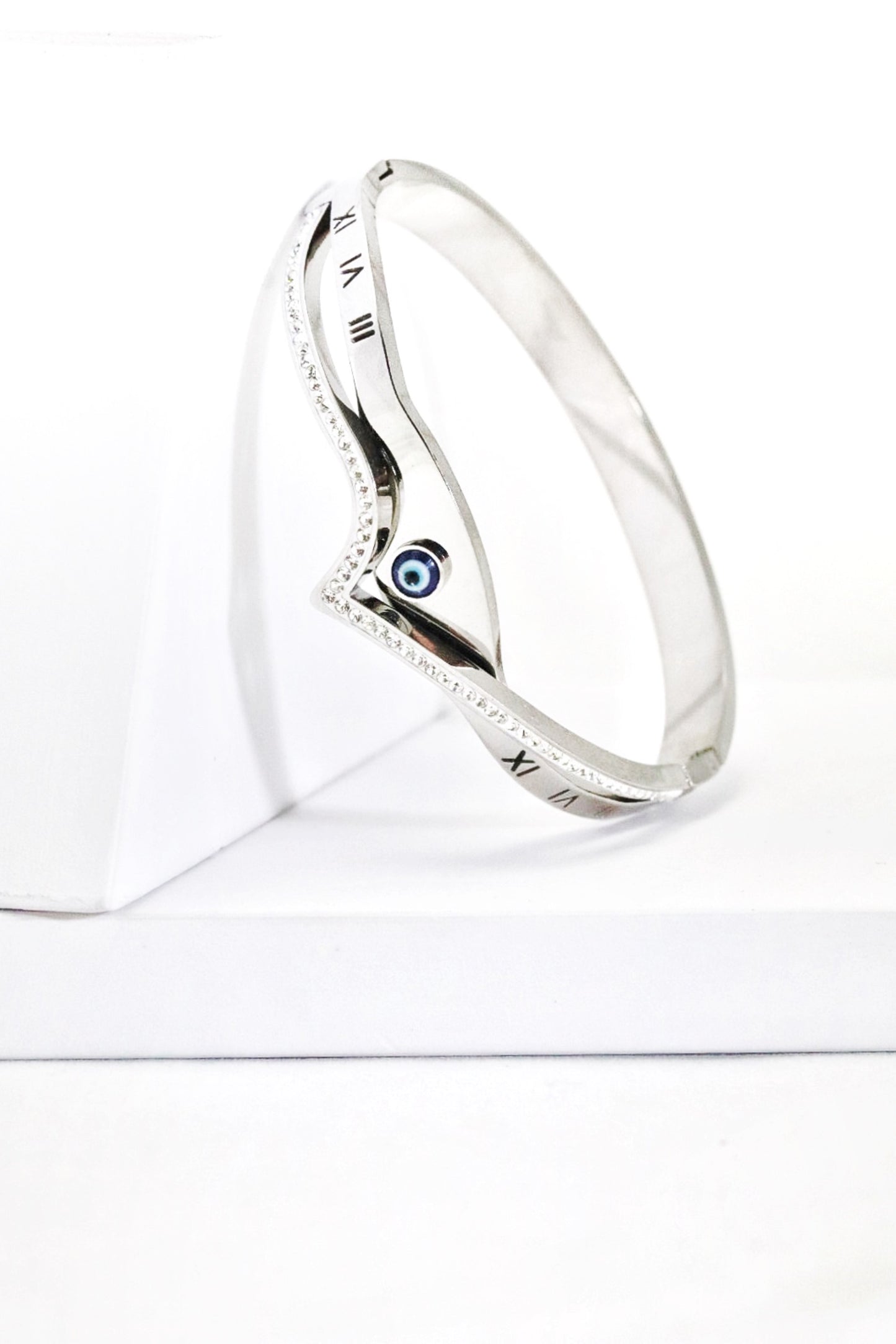 Nisa Premium Silver-Polish Delicate Evil-Eye Design With Diamond Studded Bracelet For Women and Girls