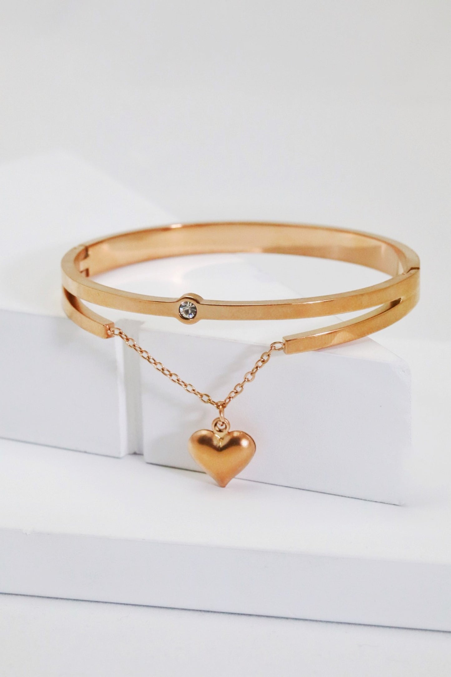 Nisa Premium Rose-Gold Polish Hanging-Heart Design With Diamond Studded Bracelet For Women and Girls