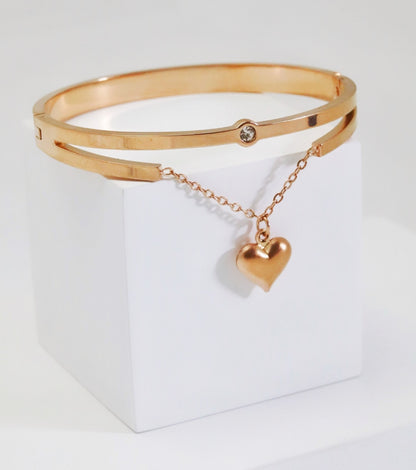 Nisa Premium Rose-Gold Polish Hanging-Heart Design With Diamond Studded Bracelet For Women and Girls