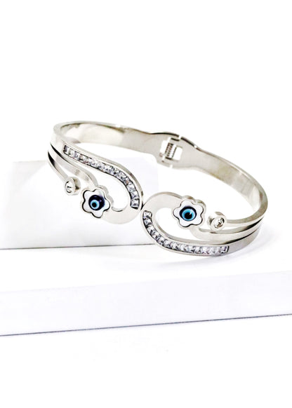 Nisa Premium Silver-Polish Evil-Eyes In Flower Design With Diamond And Pearl Studded Bracelet For Women and Girls