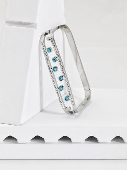 Nisa Premium Silver-Polish Sky-Blue Beads Design With Diamond Studded Bracelet For Women and Girls