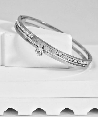 Nisa Premium Silver-Polish Gorgeous Beloved Shape Design With Diamond Studded Bracelet For Women and Girls