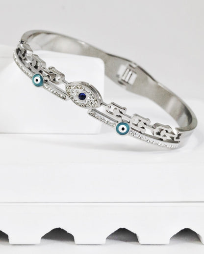 Nisa Premium Silver-Polish Evil-Eye Design With Diamond Studded Bracelet For Women and Girls