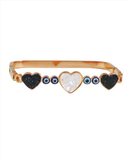 Nisa Premium Rose-Gold Polish Evil-Eyes With Heart Design With Diamond And Pearl Studded Bracelet For Women and Girls