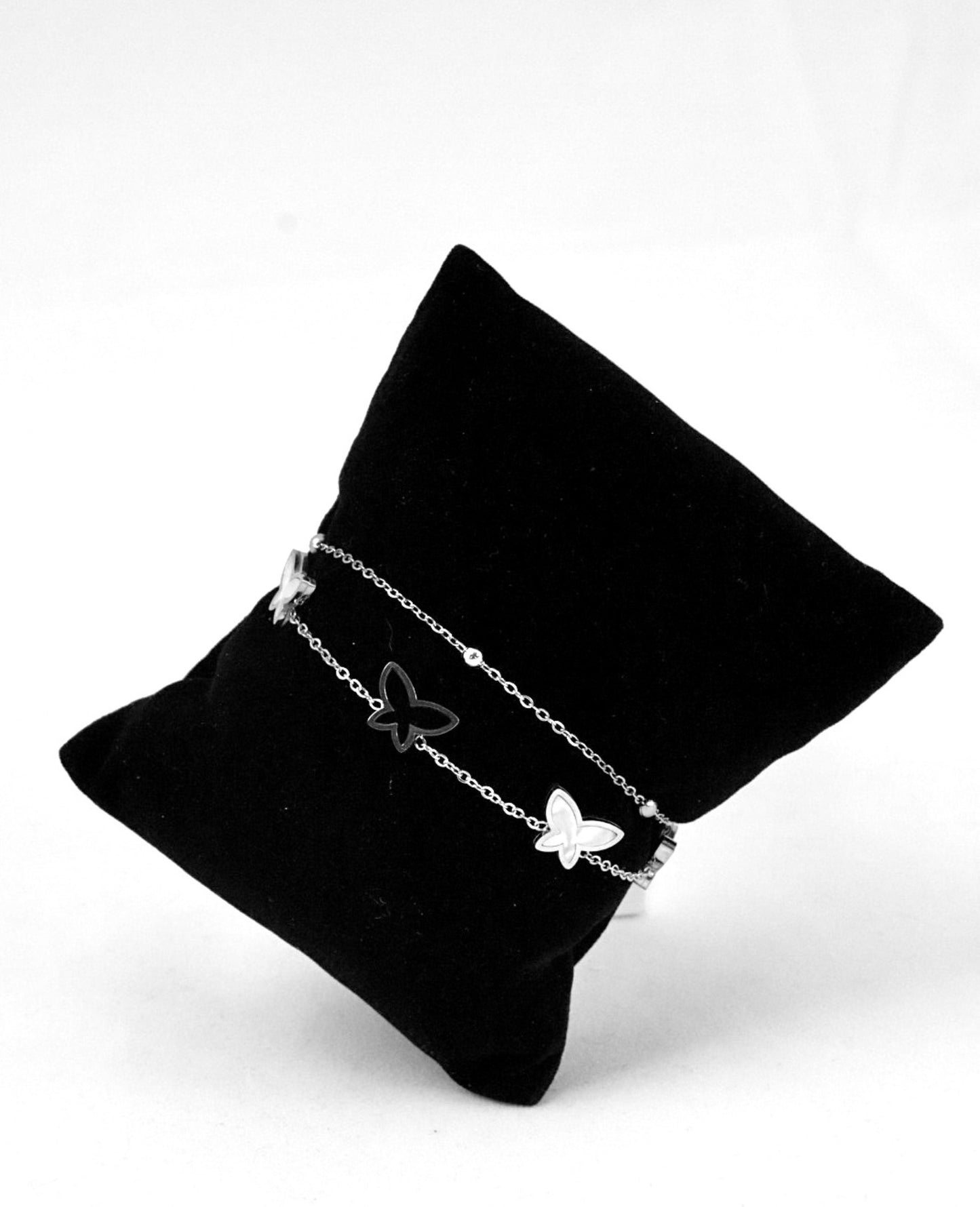 Nisa Premium Silver-Polish Butterfly Design With Black & White Pearl Studded Bracelet For Women and Girls