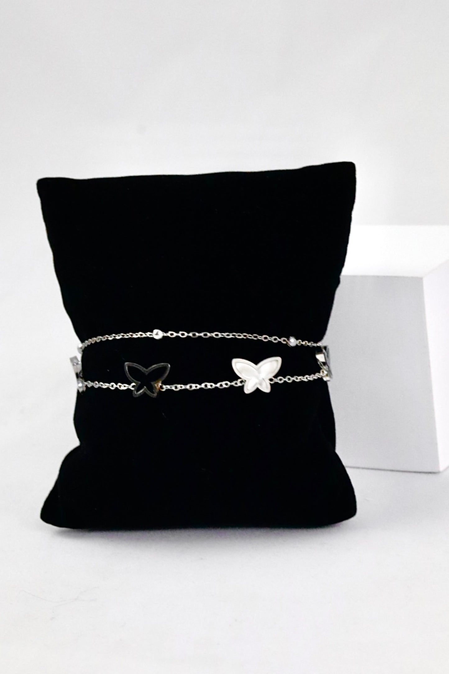 Nisa Premium Silver-Polish Butterfly Design With Black & White Pearl Studded Bracelet For Women and Girls