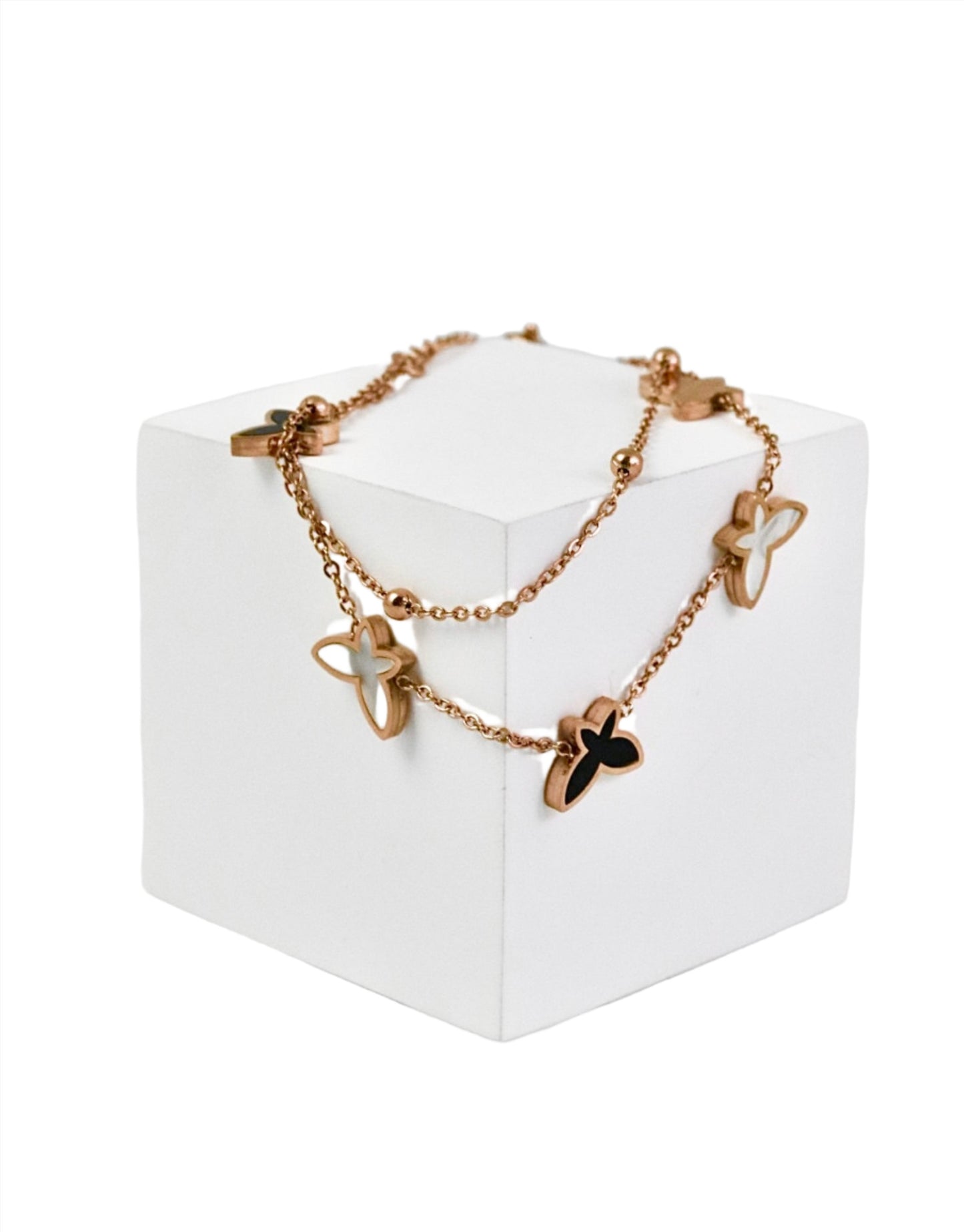 Nisa Premium Rose-Gold Polish Butterfly Design With Black & White Pearl Studded Bracelet For Women and Girls