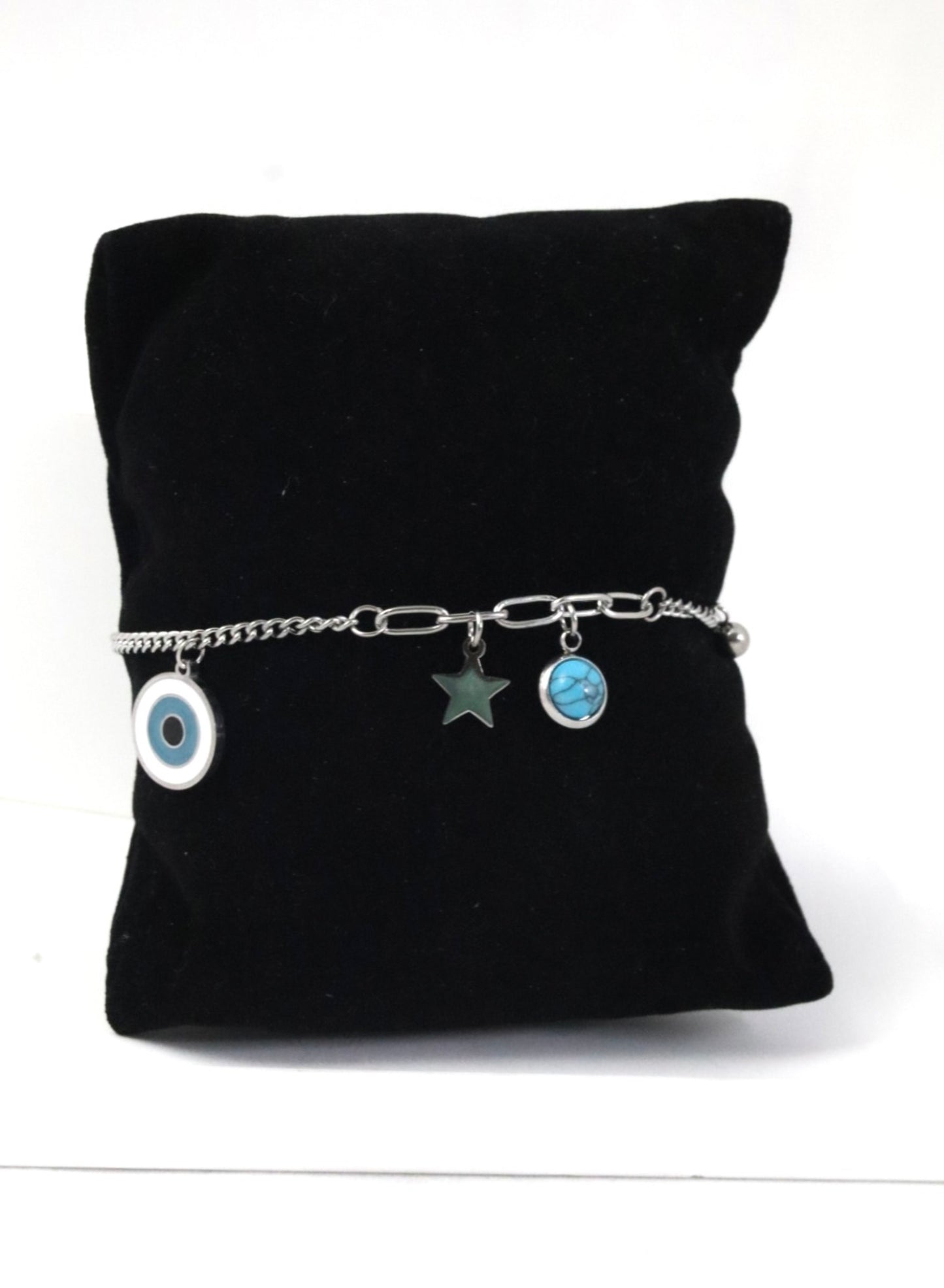 Nisa Premium Silver Polish Evil-Eye Design With Blue Bead Studded Bracelet For Women and Girls