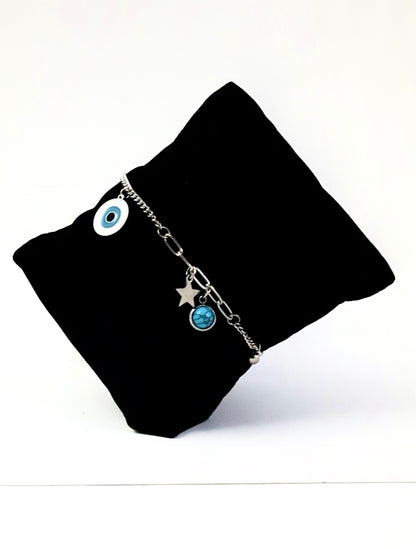 Nisa Premium Silver Polish Evil-Eye Design With Blue Bead Studded Bracelet For Women and Girls