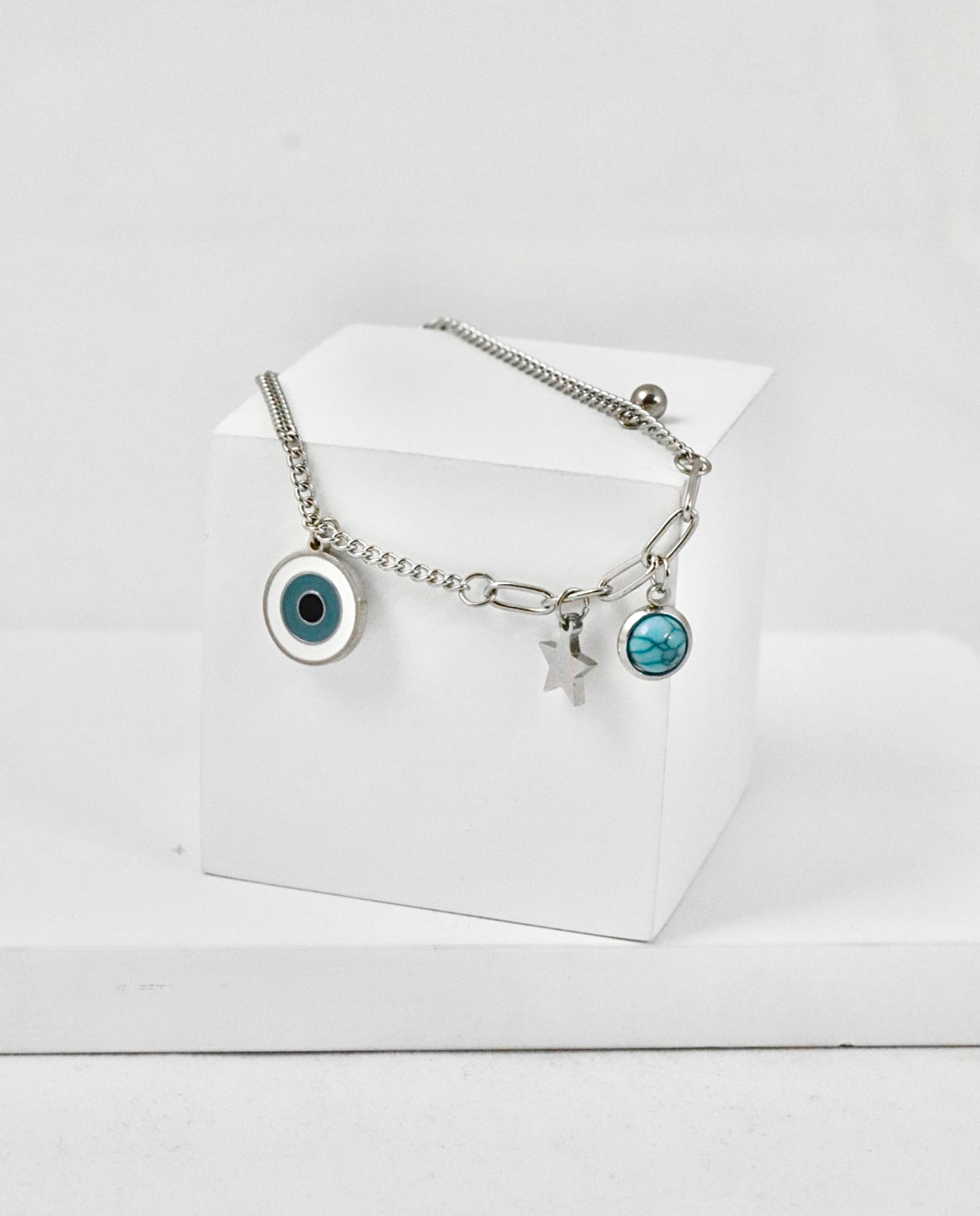 Nisa Premium Silver Polish Evil-Eye Design With Blue Bead Studded Bracelet For Women and Girls