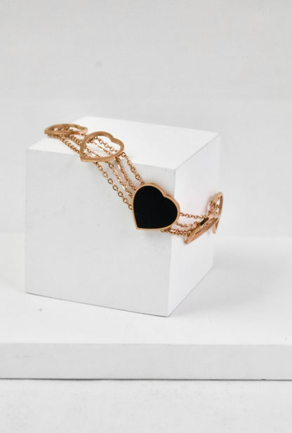 Nisa Premium Rose-Gold Polish Delicate Heart Design With Black Ceramic Studded Bracelet For Women and Girls