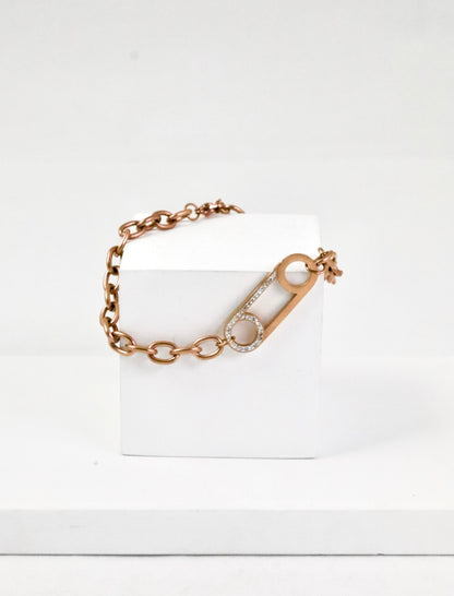 Nisa Premium Rose-Gold Polish Delicate Safety-Pin Design With Diamond Studded Bracelet For Women and Girls