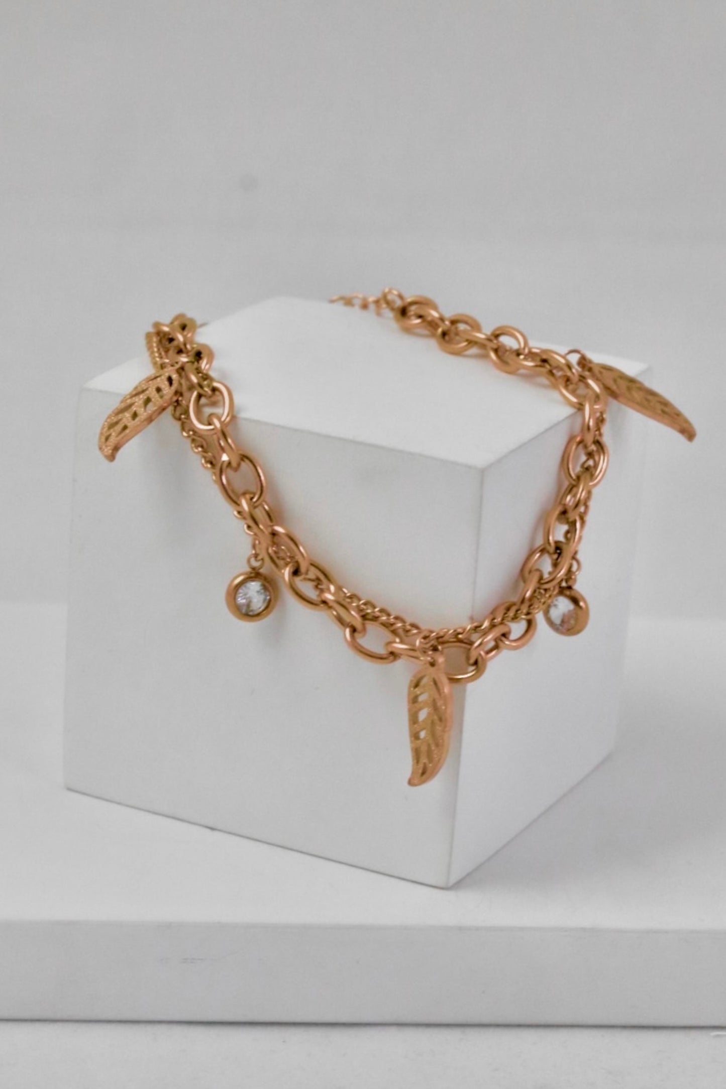 Nisa Premium Rose-Gold Polish Too Delicate Leaf Design With Diamond Studded Bracelet For Women and Girls