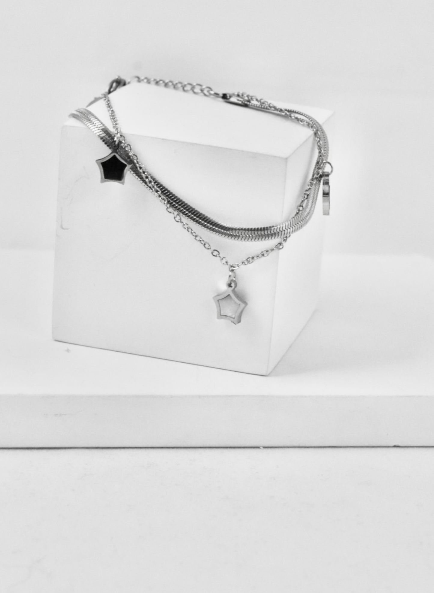 Nisa Premium Silver Polish Sterling Star Design With Black And White Pearl Studded Bracelet For Women and Girls