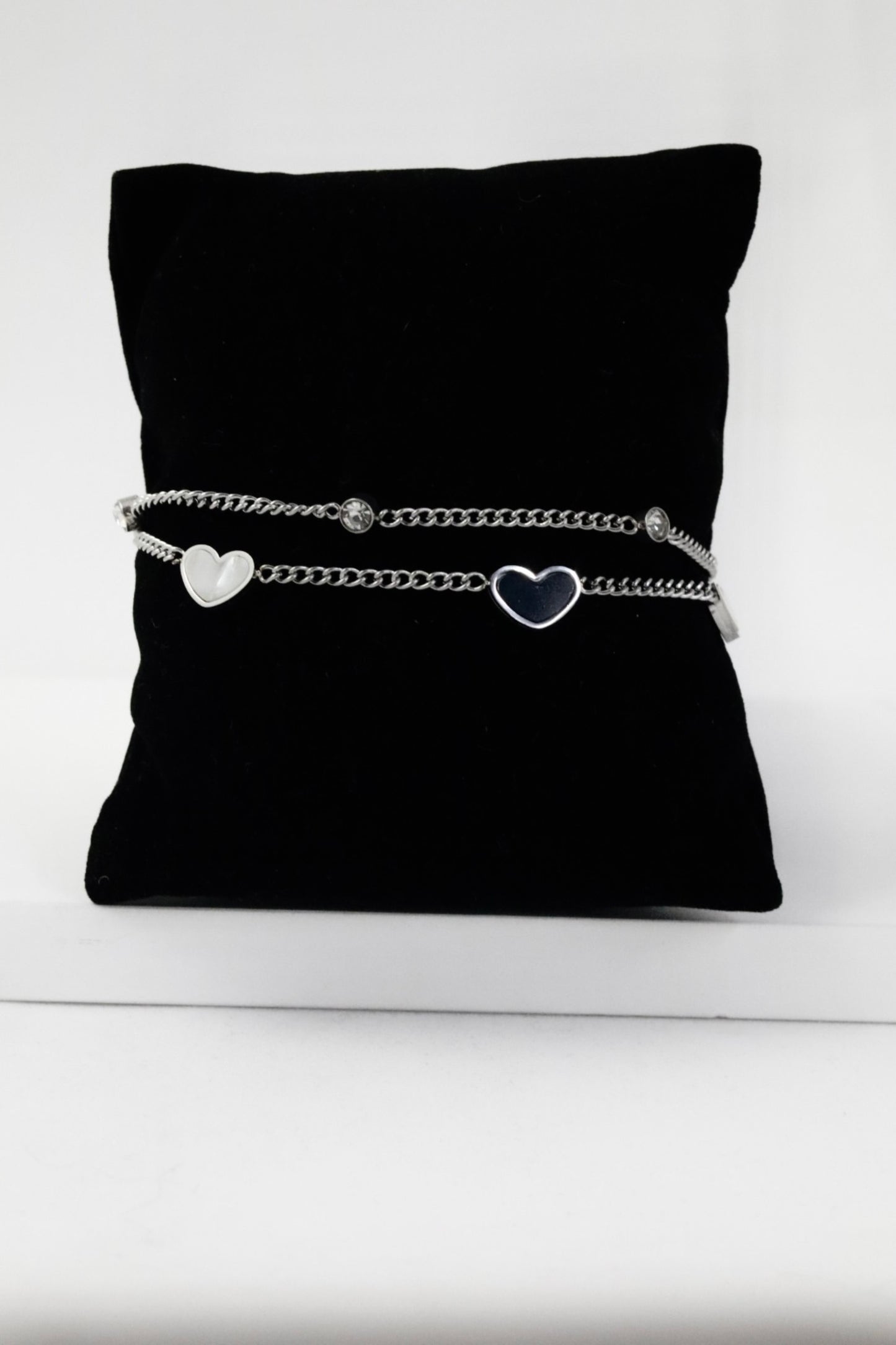 Nisa Premium Silver Polish Sterling Heart Design With Black And White Pearl Studded Bracelet For Women and Girls