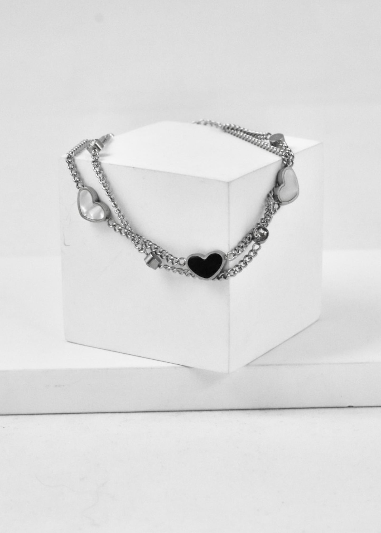 Nisa Premium Silver Polish Sterling Heart Design With Black And White Pearl Studded Bracelet For Women and Girls