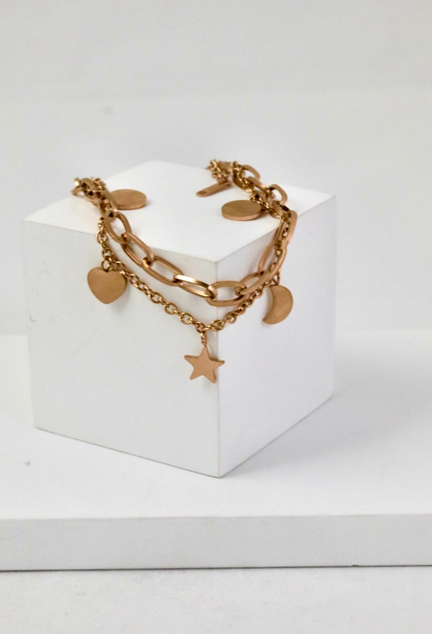 Nisa Premium Rose-Gold Polish Sterling Moon-Star & Heart Design Bracelet For Women and Girls