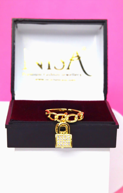 Nisa Premium Golden-Polish Too Delicate Lock & Key Design With Diamonds Studded Fingering For Women and Girls