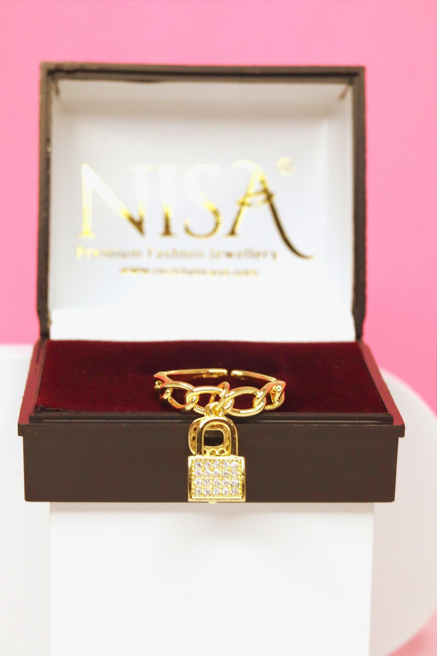 Nisa Premium Golden-Polish Too Delicate Lock & Key Design With Diamonds Studded Fingering For Women and Girls