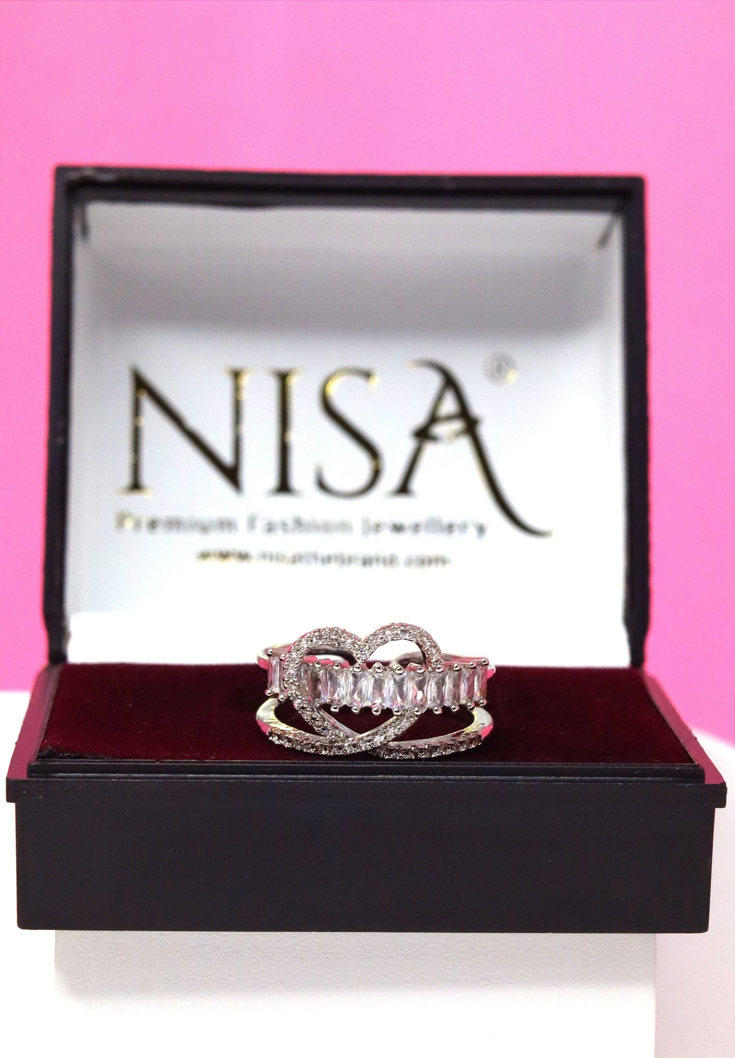 Nisa Premium Silver-Polish Delicate Heart Design With Diamonds And Small Cystal Studded Fingering For Women and Girls