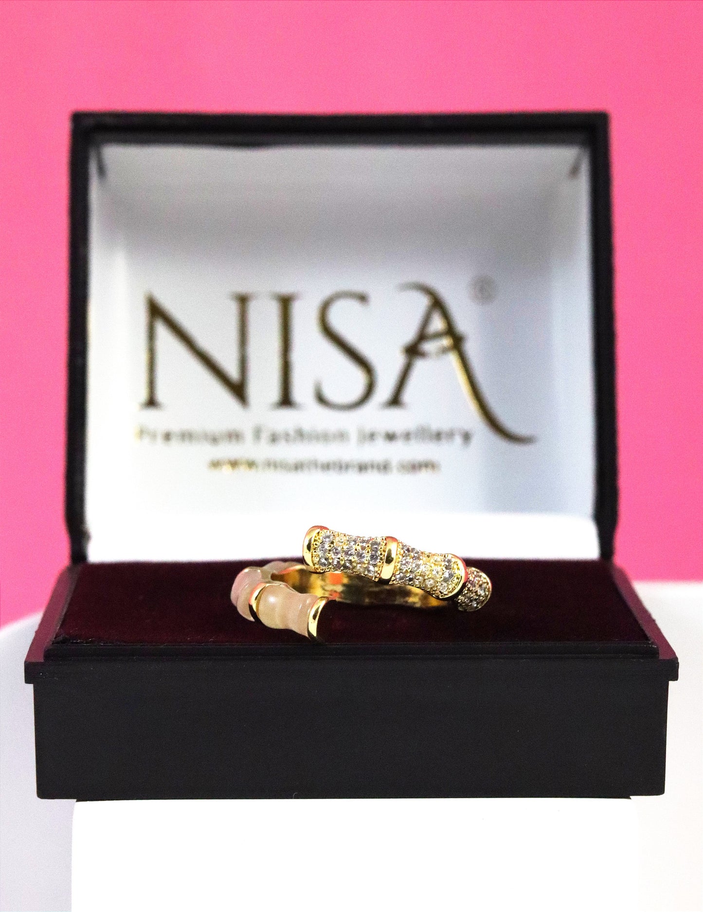 Nisa Premium Golden-Polish Korean-Bamboo Design With Diamonds And White Pearl Studded Fingering For Women and Girls