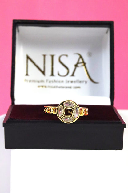 Nisa Premium Golden-Polish Round-Quad Design With Diamond And Cystal Studded Fingering For Women and Girls