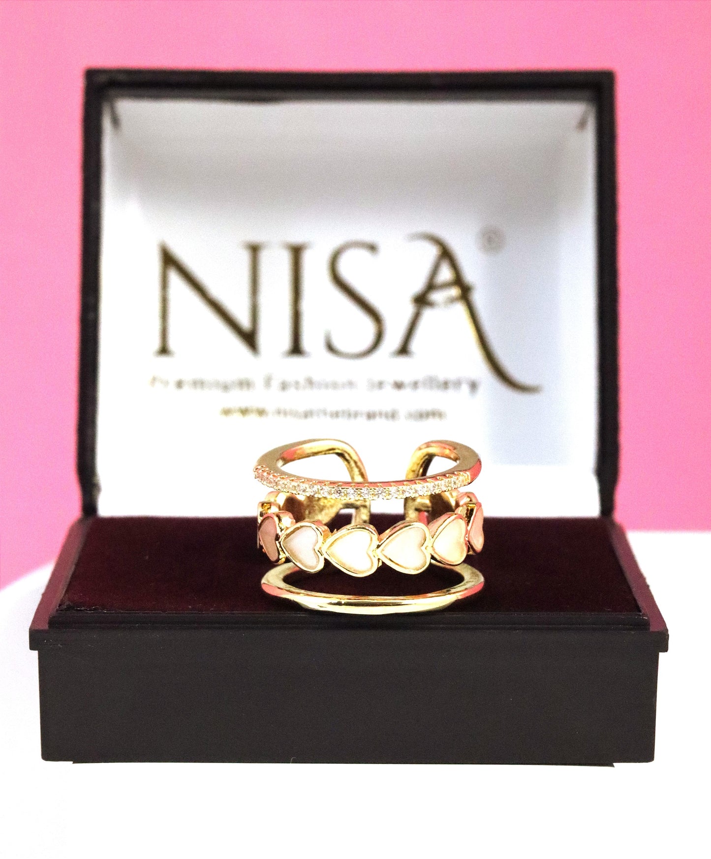 Nisa Premium Golden-Polish Joint Heart Shape Design With Diamonds And Heart Shape Pearl Studded Fingering For Women and Girls