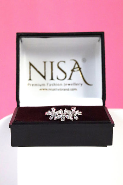 Nisa Premium Silver-Polish Flower Design With Diamond Studded Fingering For Women and Girls