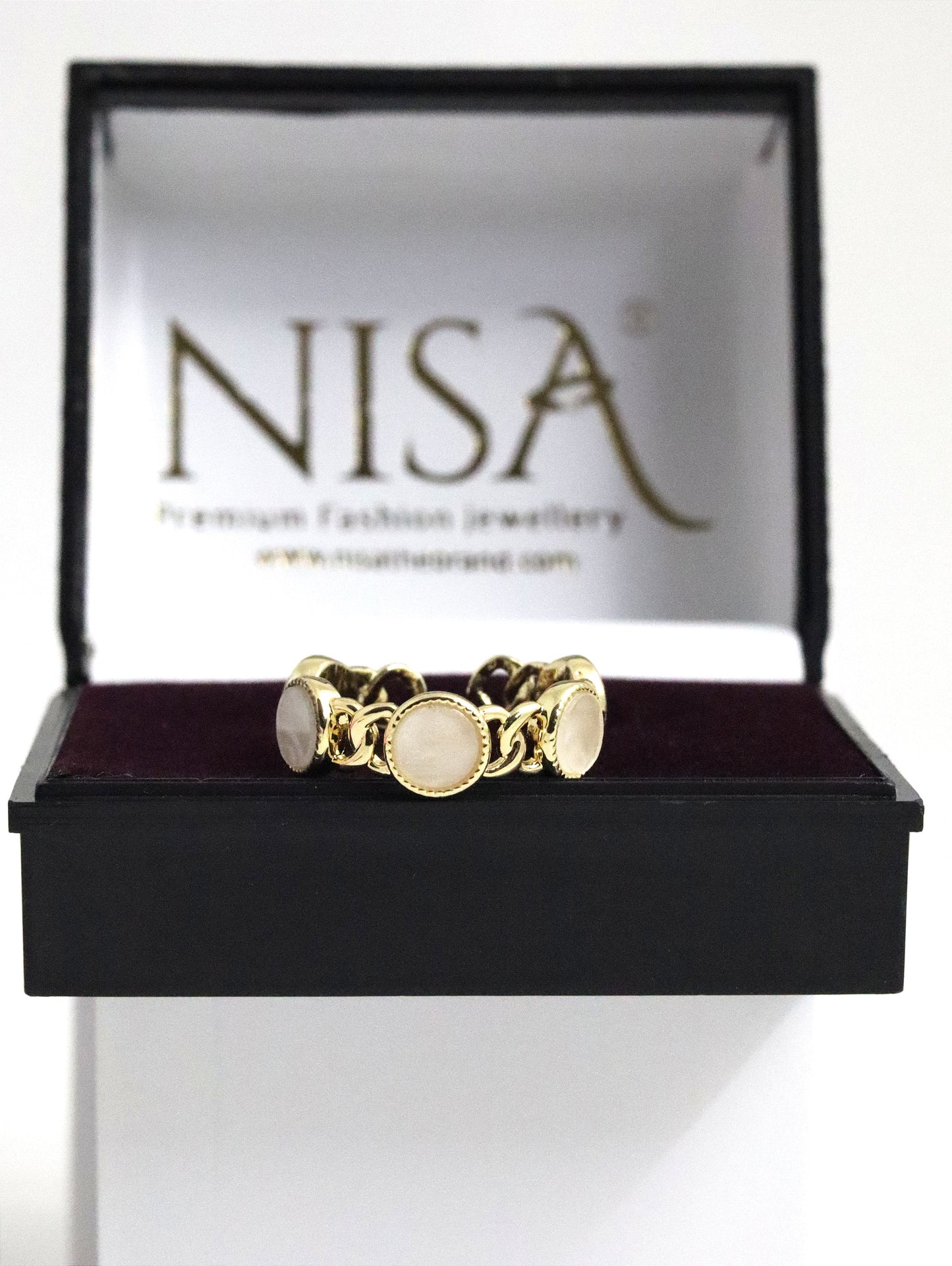 Nisa Premium Golden-Polish Chain Stiff Design With White Pearl Fingering For Women and Girls