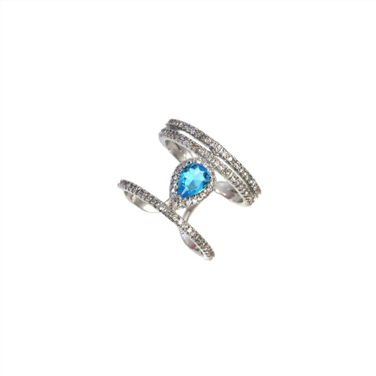 Nisa Premium Silver-Polish Peacock-Feather Design With Diamond Of Crystal-Blue Studded Fingering For Women and Girls