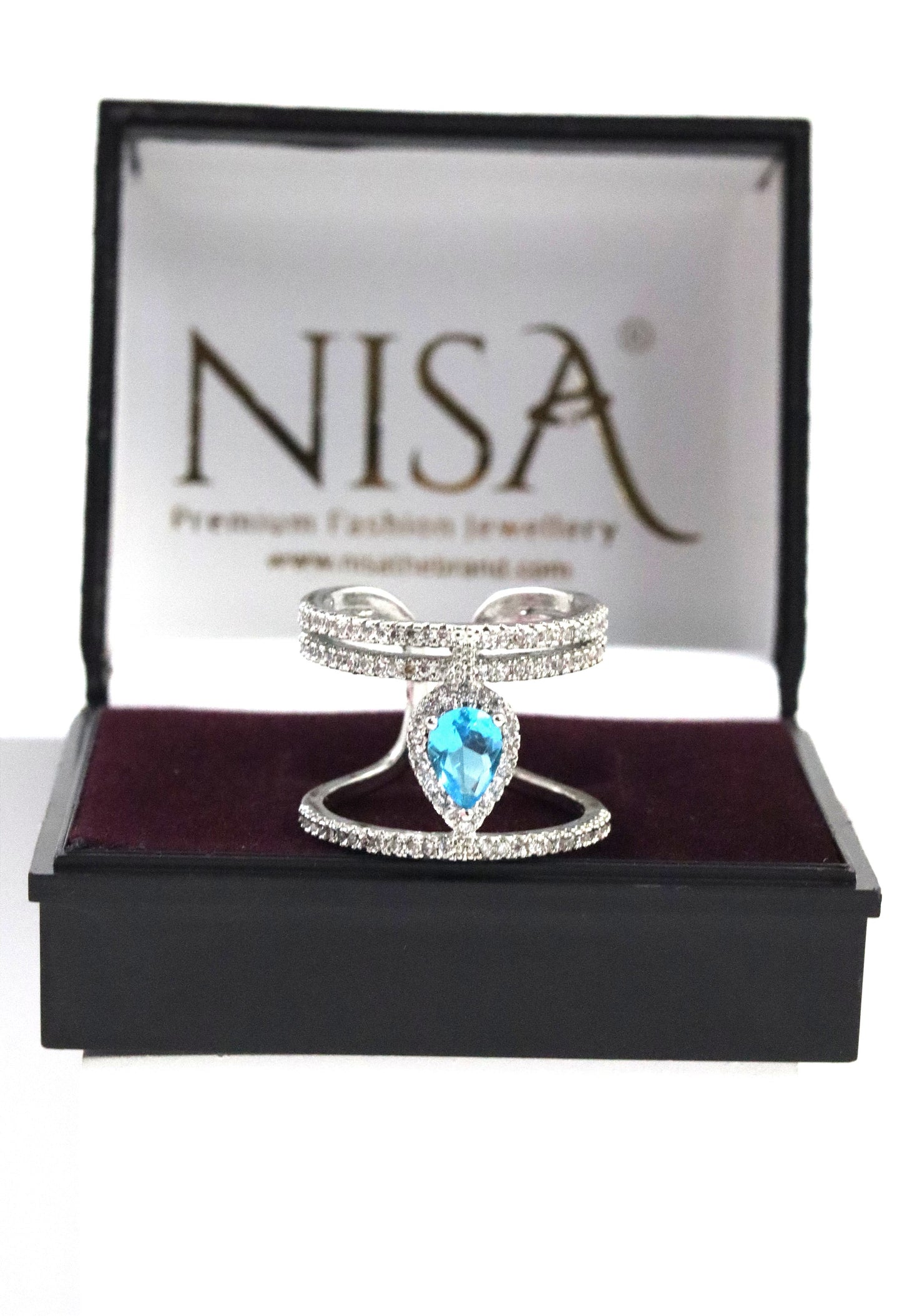 Nisa Premium Silver-Polish Peacock-Feather Design With Diamond Of Crystal-Blue Studded Fingering For Women and Girls